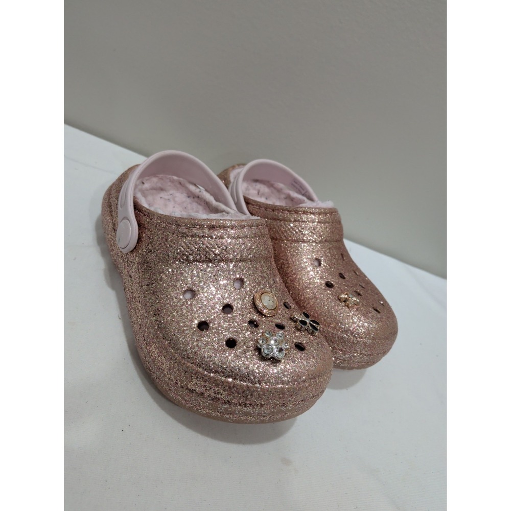 Crocs Toddler Girls Sparkly Rose Gold Fur Shimmer Glitter Sparkle Sz 10